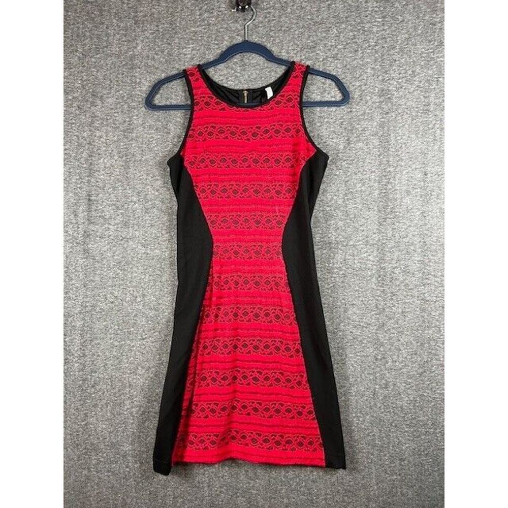 Kensie Sleeveless Sheath Dress Womens Size XS Red Lace Black Bodycon Short - Picture 2 of 7